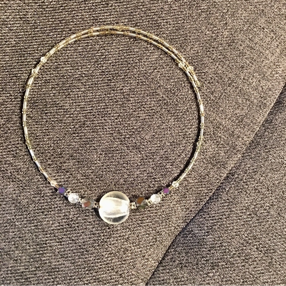 Handmade, Beaded No Clasp Necklace, White + Lavender